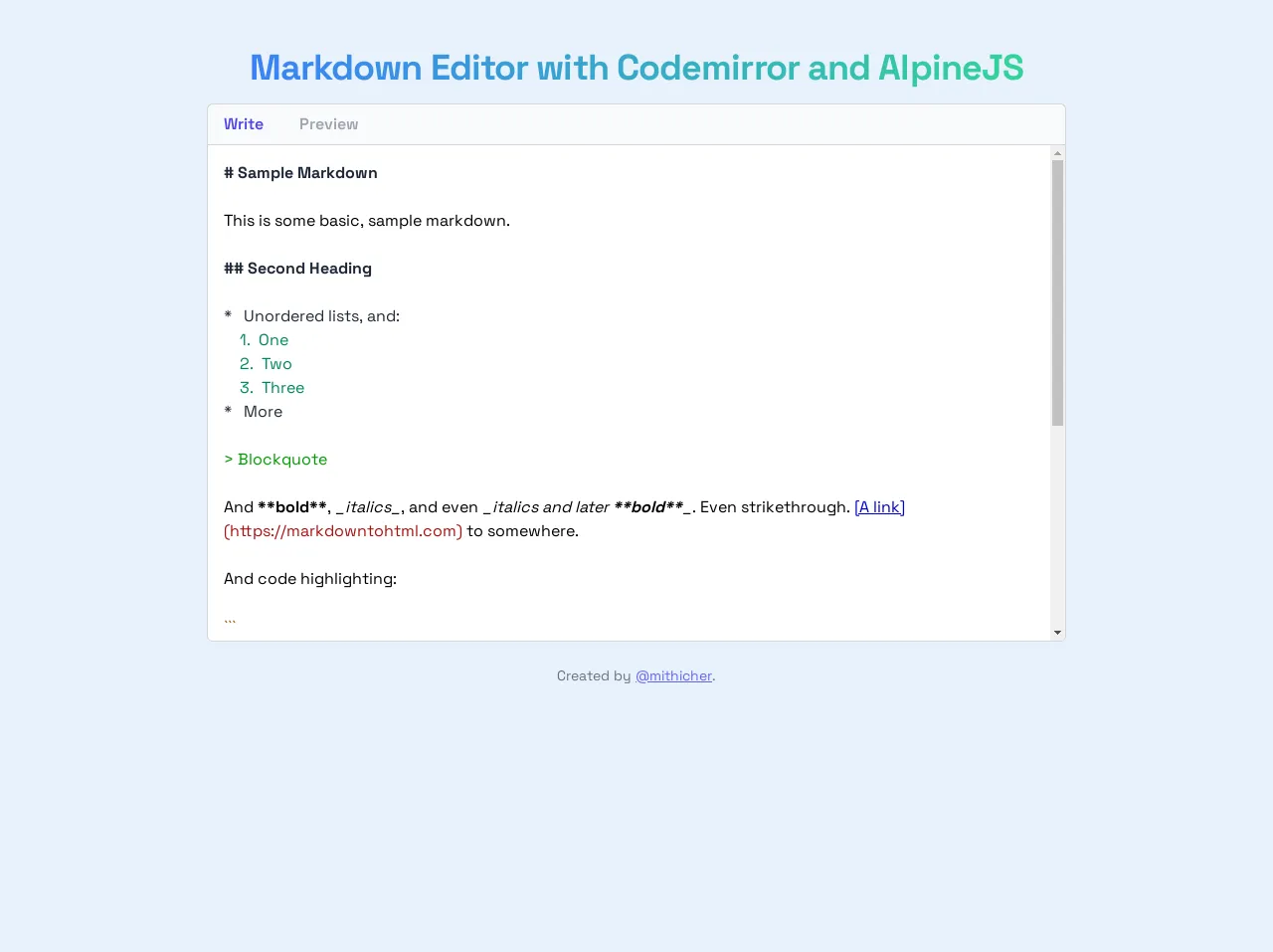 Markdown Editor with TailwindCSS and AlpineJS